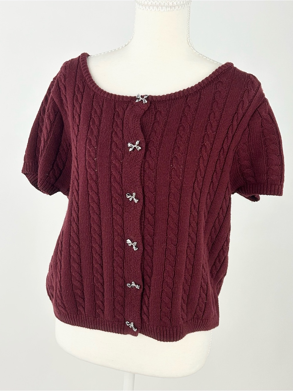 Olive & Oak Cable Knit Cardigan Large Burgundy Silver Bow Buttons